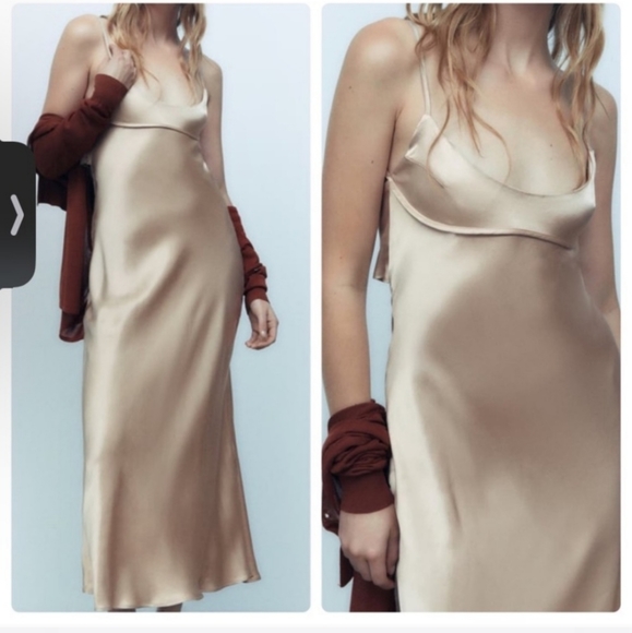 Zara Satin Effect  Slip Dress Beige Cream - Picture 7 of 12